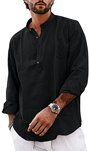YAOBAOLE Grandad Collar Shirts for Men Men's Cotton Linen Henley Shirts Men Yoga Tops Black 2XL