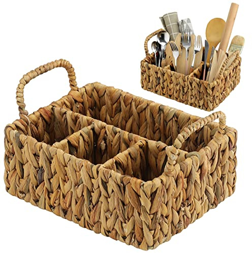 Glenmal Wicker Flatware Storage Basket Utensil Caddy Hand Woven Divided Cutlery Holder Kitchen Utensil Organizer Water Hyacinth Silverware Organizer with Handle for Countertop Party (Rectangular)