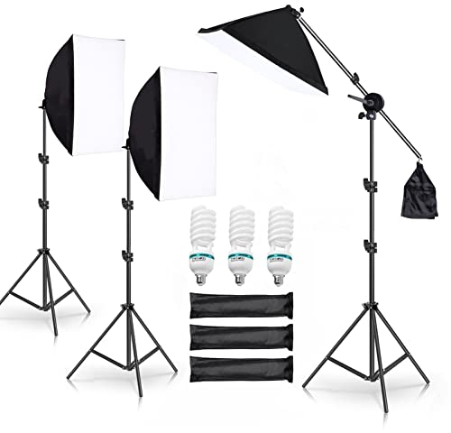 Andoer - Kit d'éclairage pour studio photo - 3 x 50 x 70 cm - Avec 3 lampes photo de 135 W - Trépied de 2 m - Bras de flèche pour YouTube, Tiktok, portraits de studio, photographie