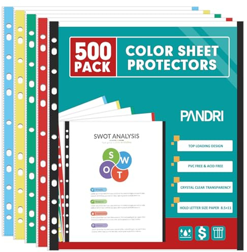 Sheet Protectors, PANDRI 500 Pack Color Heavy Duty Plastic Page Protectors Sheet Reinforced 11-Hole Fit for 3 Ring Binder Fits Standard 8.5 x 11 Paper, 9.25 x 11.25 Top Loaded, Excluding Acid