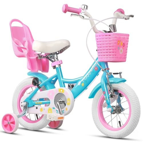 Glerc Maggie 12 pollici bicicletta per bambini età 1 2 3 4 anni ragazza bicicletta stile principessa con sedile bambola e cestino e ruote di supporto e campana per compleanno, blu