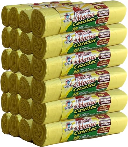 CSC - Sacchetti Spazzatura 110L con Laccetti, 240 Pz, Sacchi Spazzatura Grandi per Raccolta Differenziata Esterno e Interno, Sacchi Spazzatura 70x110 cm Antiforo - Buste Spazzatura 24 Rotoli, Giallo