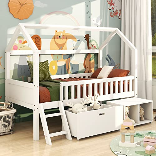 Merax Kids Bed Household, Toddler Bed Frames with Stairs, Drawers and Storage Compartments, Cabin Bed with Anti-Fall Railings, Mid Sleeper Beds for Children and Teens, Single Bed 90 X 190 cm, White