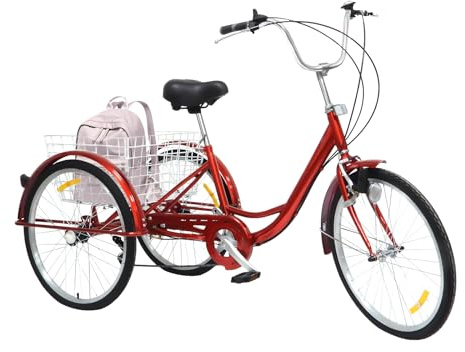 Queeucaer 24 Adult tricycle 3 wheels bicycle 6-Speeds 3-Wheel Bicyclebike with shopping basket, adjustable seat meet for cities,beaches,bike paths and various roads,red