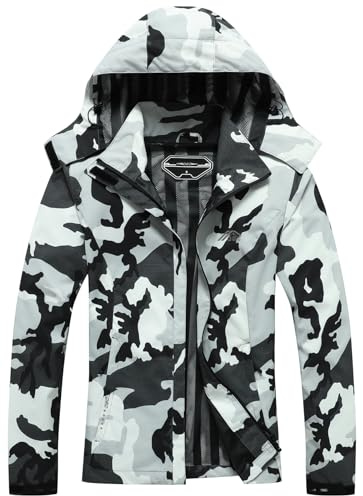 Women's Waterproof Raincoat Lightweight Rain Jacket Detachable Hood Travel Outdoor Black Camo XL