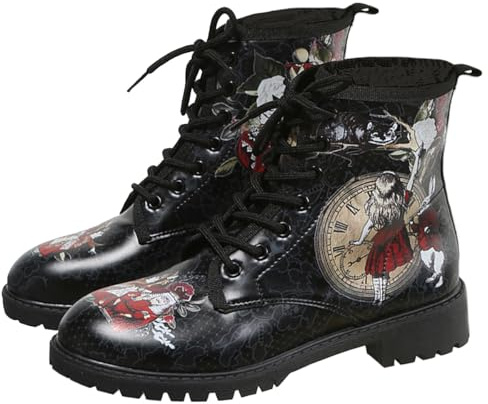Ulalaza Botas de mujer con punta redonda y tacones de bloque, botines de plataforma gótica con cordones, botas Punk, botas cortas de cuero con estampado Multicolor