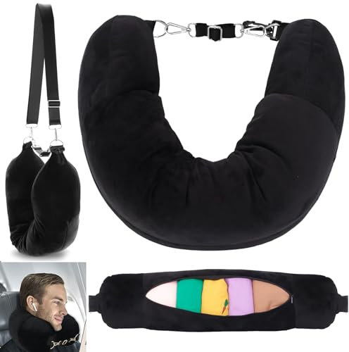 BUOAZR Befüllbares Nackenkissen, Velvet Stopfbares Reisekissen, Füllbares Nackenkissen für Reisen, Nackenkissen Flugzeug Befüllbar, Multifunktionales Nackenkissen mit Kleidung, Ohne Füllstoff(Schwarz)