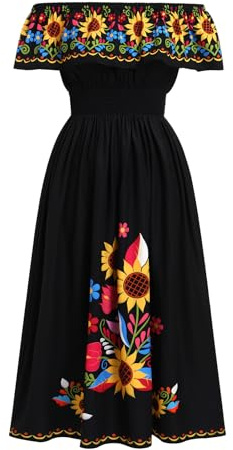EFOGEP Vestido de mujer mexicano de verano estilo boho con flores, vestido drapeado con hombros descubiertos, vestido tradicional para fiesta, vestido bohemio largo y maxi, vestido casual para boda