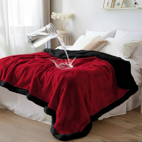 Bedding Aid Couverture imperméable standard pour canapé et lit – Polaire Sherpa double face, propre et sans taches, idéale pour l'amour et la détente, rouge velours / obsidienne noire, plaid douillet