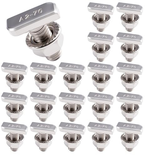 20 Piezas Tornillos de Cabeza de Martillo M8 x 20 mm, Tornillos en T con Tuercas de Bloqueo, Pernos de Ranura en T Inoxidable A2-70, con Tuercas de Brida M8, para Fotovoltaico, Rieles Solares