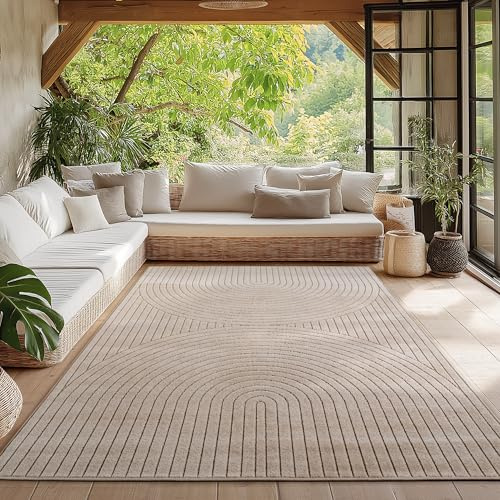 HomebyHome Kurzflor Teppich 160x230 cm Beige Wohnzimmer, Schlafzimmer, Küche, 3D Hoch-Tief-Effekt, Skandinavisch Boho Motiv, für Outdoor Bereich geeignet Terrassen oder im Balkon