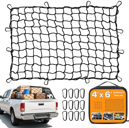 Heavy Duty Cargo Net for Pickup Truck Bed,4'x6' Stretching to 8'x12' | Highly Elastic Cargo Net with 12 Metal Carabiners & 1 Storage Bag,Truck Bungee Net Compatible with SUVs, Vans, Semis