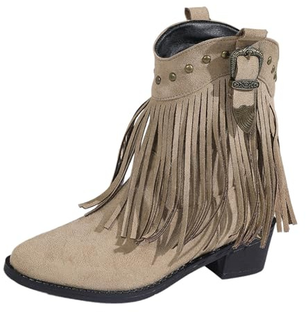 Generisch Stivali da cowboy da donna in camoscio con tacco alto alla caviglia Stivali western a punta tacco basso stivali in camoscio traforato Mezzi stivali da donna, beige., 43 EU