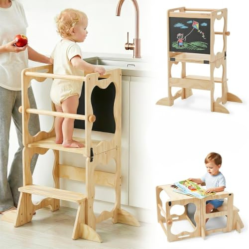 COSYLAND Torre de Aprendizaje Montessori 3 en 1 Convertible con Pizarra