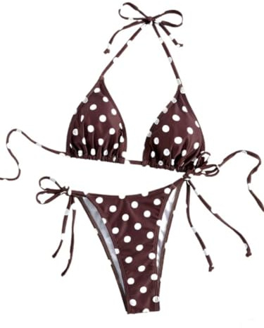 GORGLITTER Women's Polka Dots Bikini Sets 2 Piece Halter Triangle String Cheeky Swimsuits Summer Tie Side Swimwear Brown S
