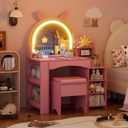 IGTOPS Kids Dressing Table with LED Lights & Mirror and Stool, Pink | Kids Vanity Table and Chair Set, 2-in-1 Wooden Vanity Set with LED Lights, Storage Space & Open Shelves, for Playroom Bedroom