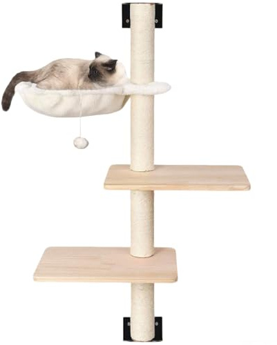Liszton Wandmontage Katzenkratzbaum 104cm mit Hängematte, 2 Plattformen & Massivholzschritten - Kratzmöbel, Schlafplatz & Spielbereich für Katzen