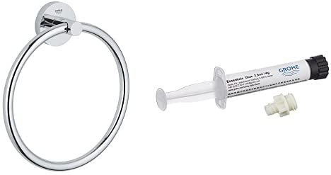 GROHE Essentials Kleber SET | Bad-Accessoires - Handtuchring (40365001, chrom) inkl. GROHE Essentials Kleber für Badaccessoires (40915000, 1x)