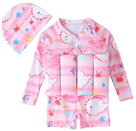 ESHOO Boys Girls Long Sleeve Floating Swimsuit One Piece Sun Protection Swimwear Flotation Beachwear for Swimming Beginner Pink