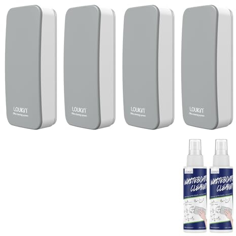 LOUKIN Magnetic Dry Erase Eraser, with whiteboard Cleaner, 4 Pack (Gray) | Effective Cleaning, ABS & Felt Material, AP Certified & Non-Toxic Cleaner (2 x 100 ml), Multi-Surface Use, Classroom Office