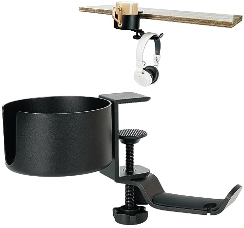 BELLE VOUS 2-in-1 Headset Halterung & Getränkehalter Tisch Set - Multifunktionaler Untertisch-Kopfhörer Halter mit 360-Grad-Drehung - Auslaufsicherer Getränkehalter für Computer- & Gaming-PC-Tische