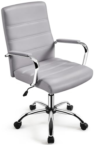 Yaheetech Silla Giratoria de Oficina Sillón de Trabajo con Respaldo Tapizado Asiento PU Sintético Altura Ajustable Color Gris