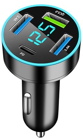 Car Charger Adapter, 4-Port Cigarette Lighter USB Charger Adapter with Voltmeter PD 3.0 & QC 3.0 Car USB Charger Multi Port Accessories Fast Charging for iPhone, Samsung, iPad & Phone Tablets