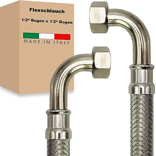 Flexschlauch ÜM-BOGEN x ÜM-BOGEN Edelstahl Panzerschlauch Anschlußschlauch Sanitär Armaturenschlauch Hauswasserwerk Made in Italy (1/2 x 1/2 - 2000 mm)