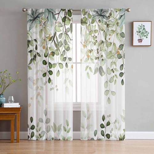 Durchsichtige Vorhänge mit Eukalyptus-Pflanzen, 244 cm lang, Salbeigrün Blätter, Frühlingsfenstervorhänge, Lichtfilterung, Stangentaschen-Vorhang, abstrakte Blätter, Voile, Vorhänge für Wohnzimmer und
