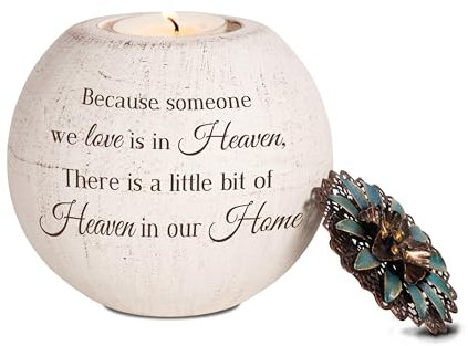 Pavilion Gift Company - A Little Bit of Heaven in Our Home - 4 Round Tealight Terracotta Candle Holder with Metal Lid in Memory Loss of Loved One Remembrance Bereavement Grief Funeral Gift