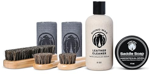Rhino Wax - Saddle Cleaning Kit (Saddle-Soap + Leather Cleaner + Brushes + Cloths) - Clean Saddles Bridles Boots Reins Straps and Other Tack Leathers - Proudly Made in the USA