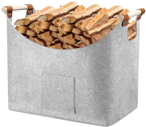 Holzkorb für Kaminholz, Brennholzkorb aus Extradickem Filz, Kaminholzkorb für Feuer Kamin Brennholz, Faltbarer Holzkorb Filztasche für Einkauf, Holz, Zeitung oder Brennholz (Grau)