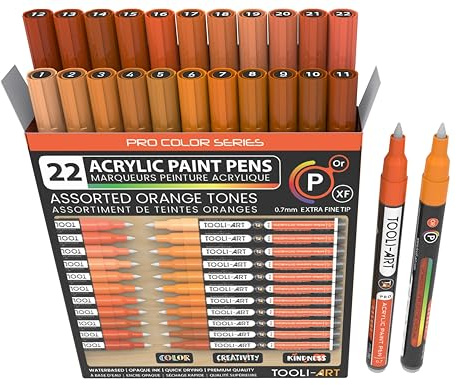 Acrylic Paint Pens 22 Orange Tones Assorted Pro Colour Series Markers Set 0.7mm Extra Fine Tip for Rock Painting, Glass, Mugs, Wood, Metal, Canvas, Projects, Non Toxic, Waterbased, Quick Drying
