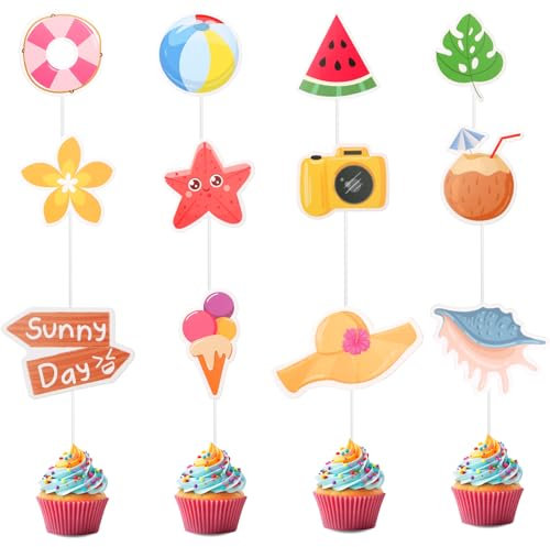 36 PCS Beach Hawaiian Cake Decorations, Cute Ocean Cake Topper Pool Party Decorations, Watermelon Coconut Slippers Cupcake Toppers for Birthday Wedding Pool Moana Party Decoration Supplies