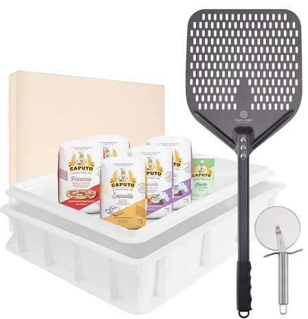 Pizza Lover Set di pietre per pizza premium con scatola per fermentazione e farina per pizza con pala forata (anodizzata dura) + pietra per pizza fino a 800 °C in cordierite + tagliapizza, scatola per