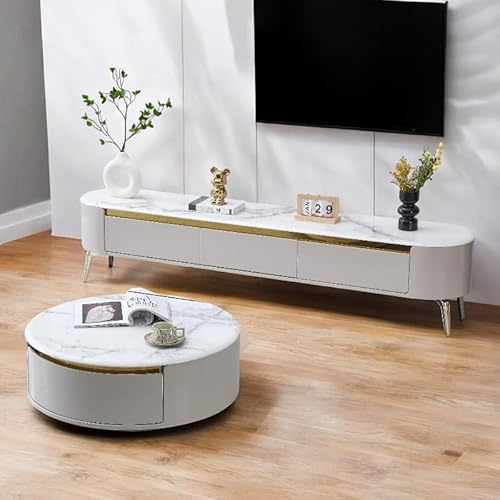 Quality and price Furniture Luxury TV Stand, 200cm Grey Entertainment Unit with Marble Stone Top, Gold Accents, 3 Drawers (Light Cream)