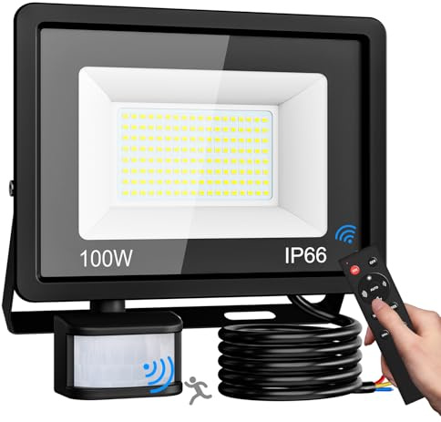 vighep Led Strahler mit Bewegungsmelder Außen, 100W Superhell LED Fluter mit Fernbedienung, IP66 Wasserdicht Scheinwerfer, 6500K Kaltweiß Aussenlampe für Garten Garage Hof Wand