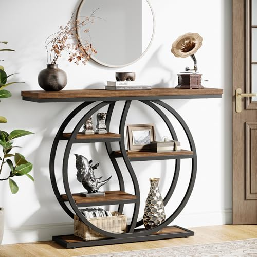 Tribesigns Table de console, 120 x 30 cm Table de canapé industrielle à 4 niveaux avec socle circulaire, table d'appoint étroite en bois avec étagères pour salon, couloir, hall d'entrée, brun rustique