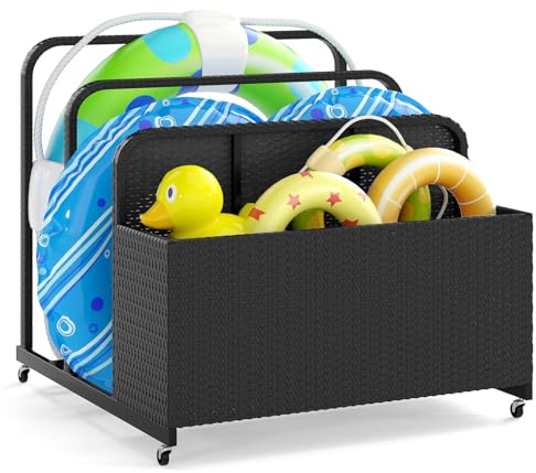 COSTWAY Coffre Piscine Exterieur en Rotin PE avec 4 Roues, Noir | Chariot de Jardin à Roulettes, 2 Barres, 1 Coffre de Rangement, Cadre en Métal, pour Piscine Jardin Cour, 100 x 100 x 94 cm