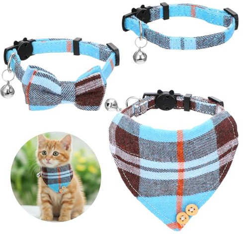 3PCS kitten collars with Bells Breakaway, Blue plaid cats bandana, cat bow tie with bow, Adjustable cat collar with bells, Safety Buckle for Girl Boy Cats Kitten