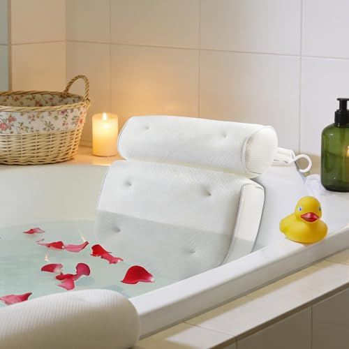 GREATRICH Cuscino Vasca da Bagno, Accessori Vasca da Bagno con 6 Ventose, Tappeto Idromassaggio per Vasca, Supporto per Collo e Schiena, Morbido Cuscino per Vasca da Bagno, Spa, Bianco