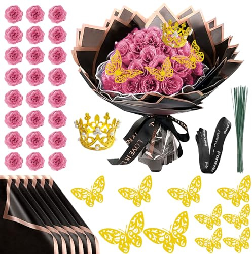 Glitter-rosbukett, alla hjärtans dag, 24 stycken konstgjorda rosbuketter, gör-det-själv konstgjorda glitterblombuketter med krona för gåvor, bröllop, årsdag, förlovning, födelsedag, mors dag (rosa)