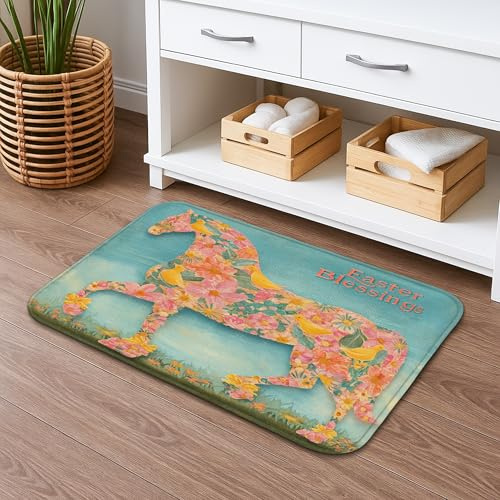 Tapete de baño floral de Pascua de secado rápido, diseño colorido de flores de caballo, absorbente, antideslizante, alfombra de baño decorativa lavable para baño, inodoro, baño, 20 x 32 pulgadas