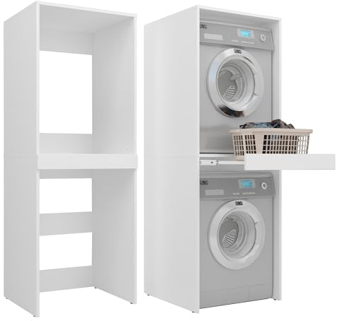 Milionmeblicom Waschmaschinenschrank Luna für Waschmaschine Trockner Badezimmerregal 183,7x65x66 cm Ausziehbarer Regalboden Waschmaschinenüberbau Hochkant 18mm Platte Farbe Weiß