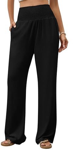 Homlan Pantalones de mujer de pierna ancha, elegantes Palazzo, informales, informales, de cintura alta, pantalones de tela largos, ligeros, cintura plisada, con bolsillos