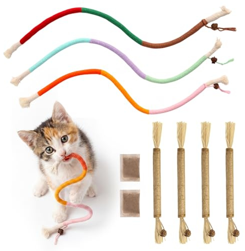 Uyubao Juguetes para gatos, 7 cuerdas masticables para gatos y palos de Silvervine para gatos con hierba gatera natural y Silvervine, juguetes seguros de limpieza dental con hierba gatera para gatitos