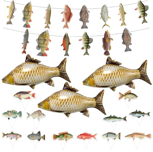 16 Pezzi Decorazioni per Feste A Tema Pesca,Palloncini e Striscioni a Forma Di ,Decorazioni Per Cupcake a Tema Pesca,Simpatici Palloncini a Forma Di Pesce,Decorazioni per Feste a Tema
