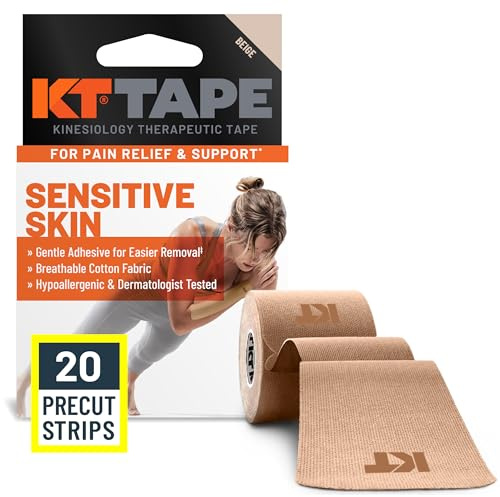 KT Tape, Kinesiology Athletic Tape, Gentle Adhesive for Sensitive Skin, 20 Count, 10 Precut Strips, Beige