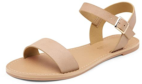 DREAM PAIRS Women's Ankle Strap Flat Sandals Open Toes One Band Buckle Summer Dressy Sandals,Size 7.5,Nude