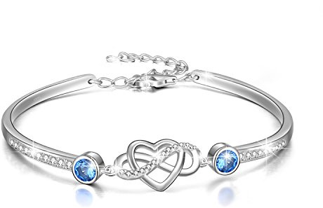 Infinity Bracelet Sterling Silver Love Heart Adjustable Bangle Bracelet with Birthstone Crystals, Friendship Wedding Anniversary Birthday Gifts for Women Wife Girlfriend Mum (Simulated Aquamarine)